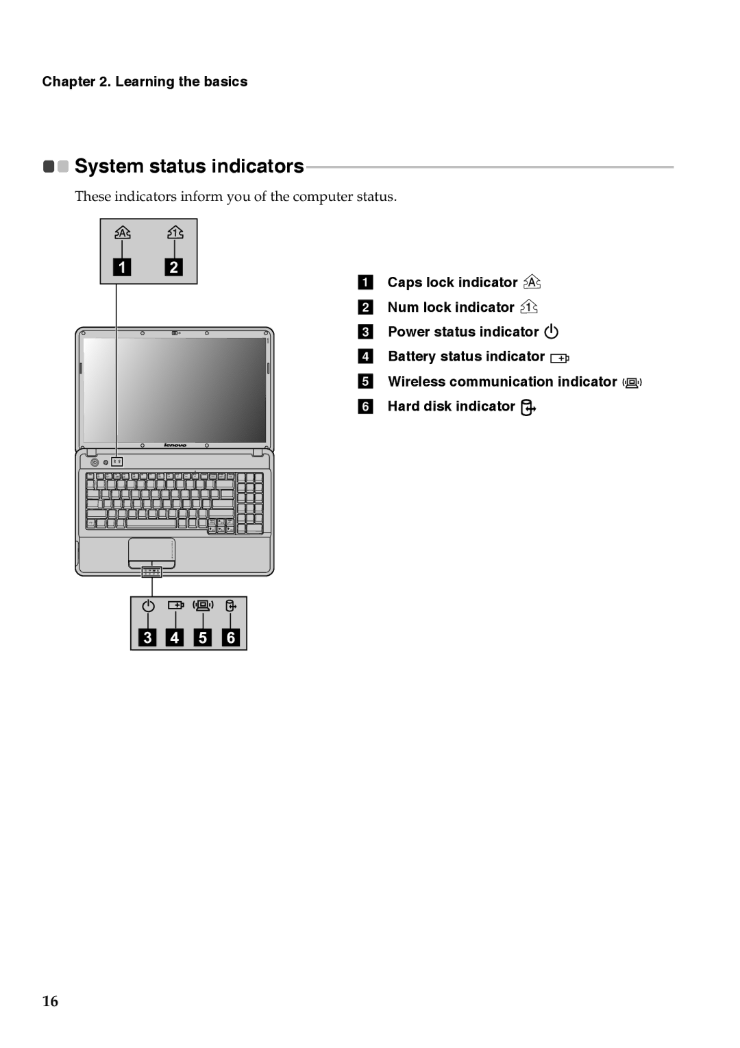 Lenovo G555, G455 manual System status indicators 