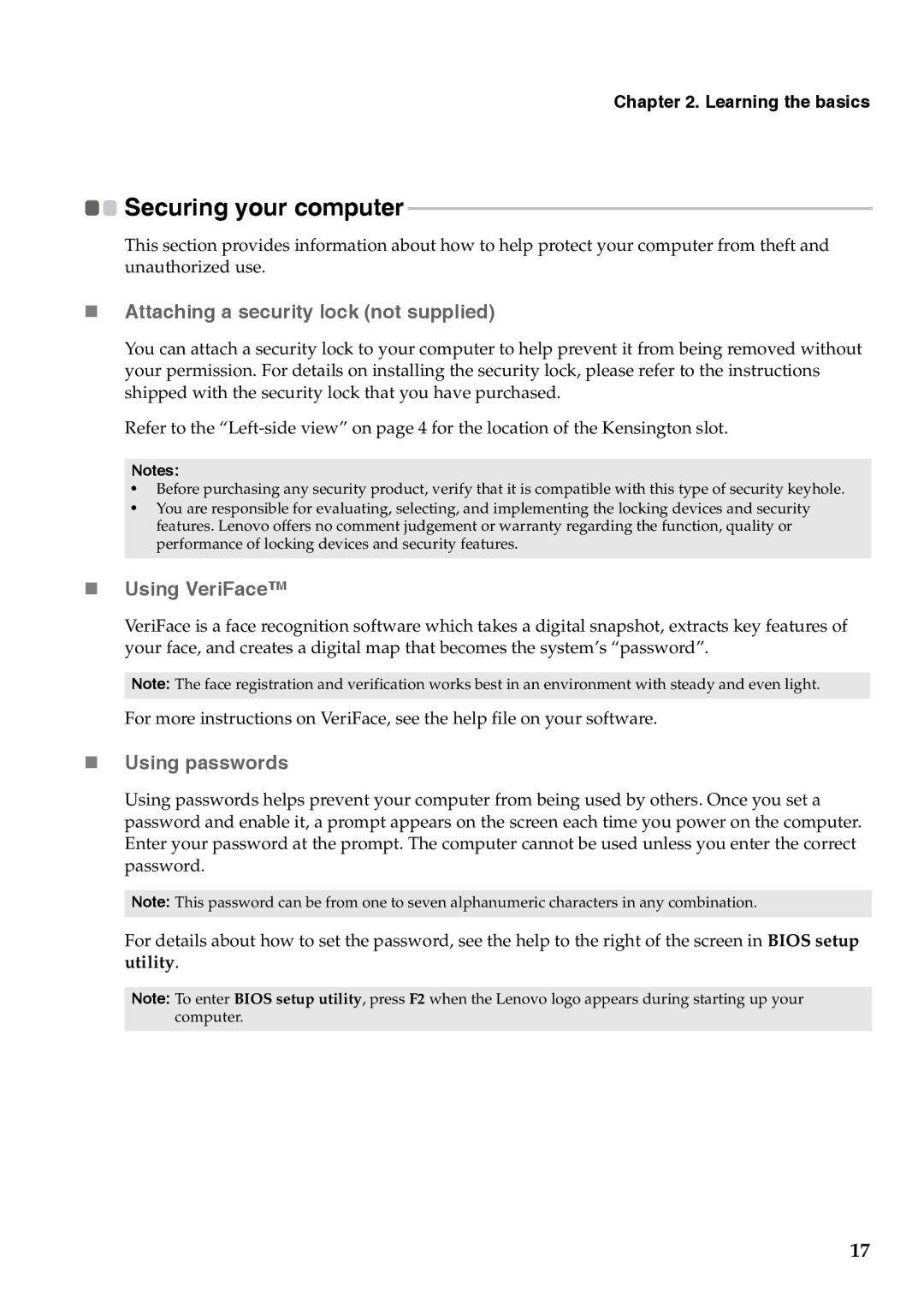 Lenovo G455, G555 manual „ Attaching a security lock not supplied, „ Using VeriFace, „ Using passwords, Utility 