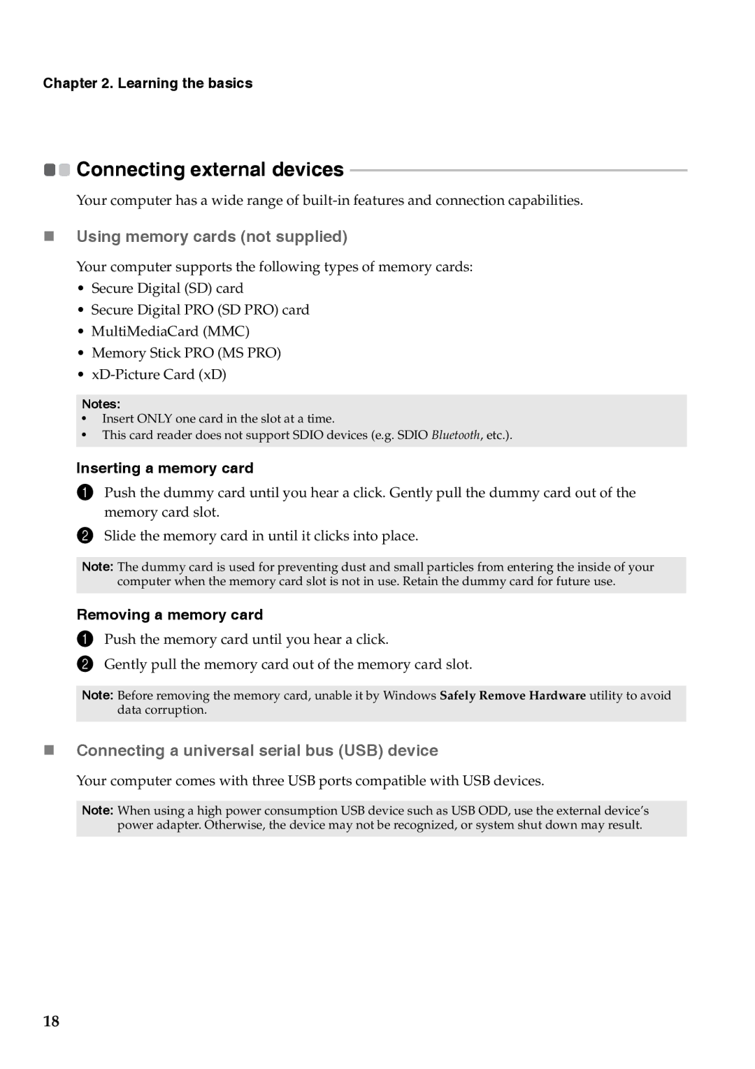 Lenovo G555 „ Using memory cards not supplied, „ Connecting a universal serial bus USB device, Inserting a memory card 