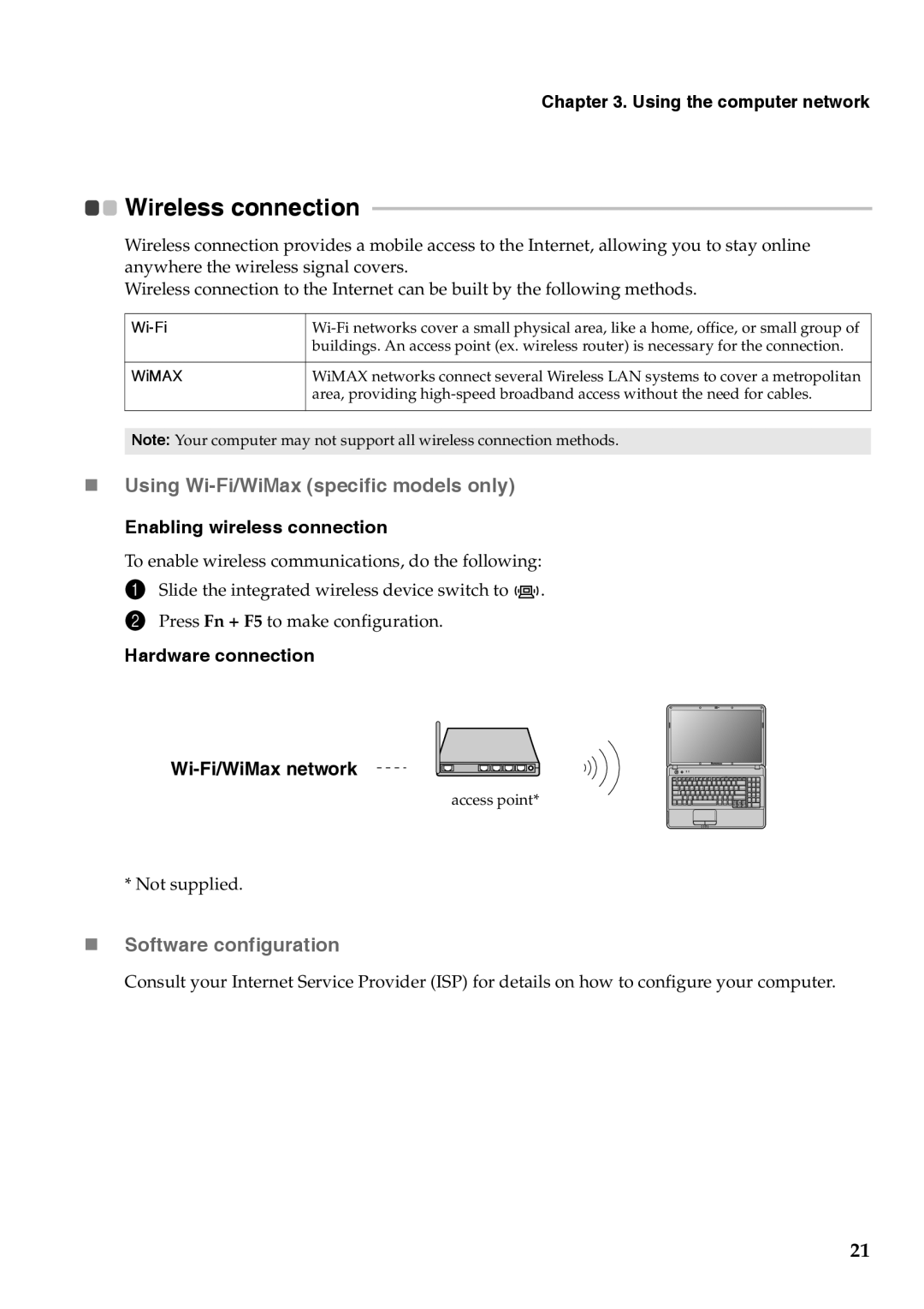 Lenovo G455, G555 manual „ Using Wi-Fi/WiMax specific models only, Using the computer network, Enabling wireless connection 