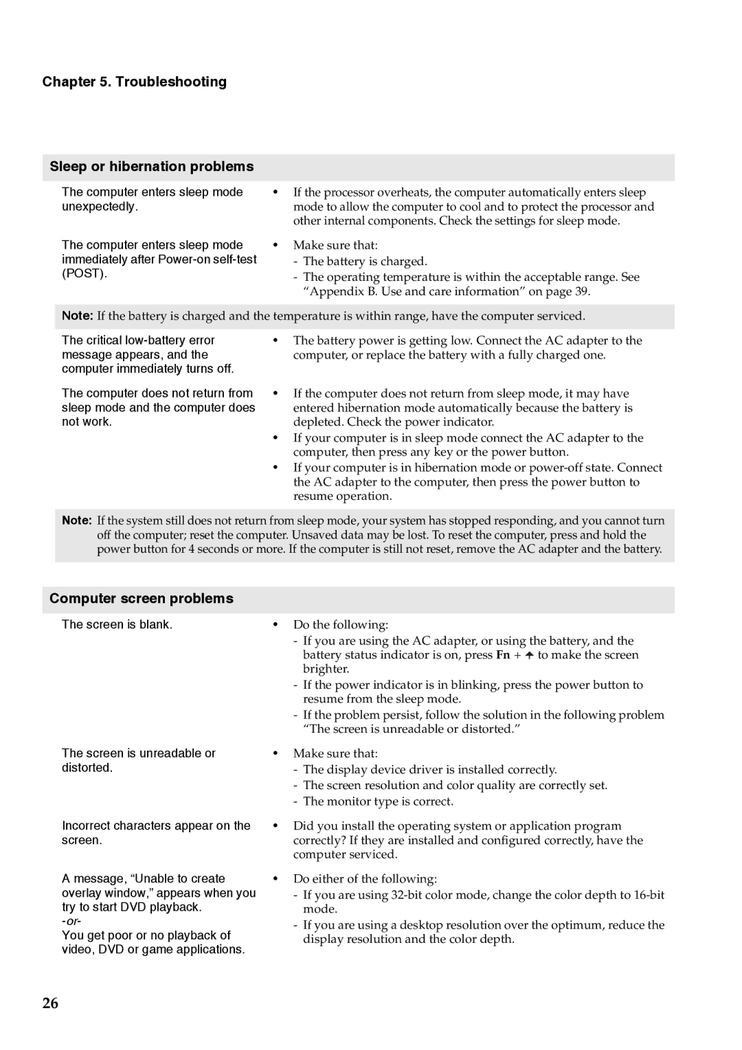 Lenovo G555, G455 manual Troubleshooting Sleep or hibernation problems, Computer screen problems 