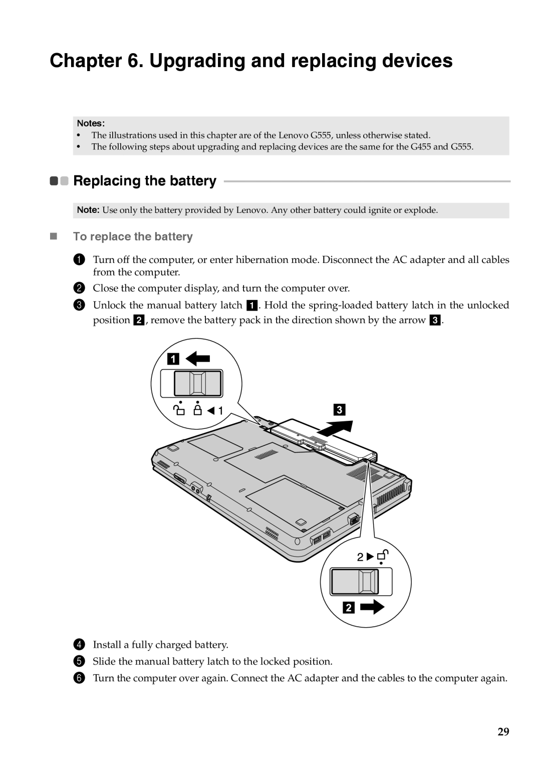 Lenovo G455, G555 manual Upgrading and replacing devices, „ To replace the battery 