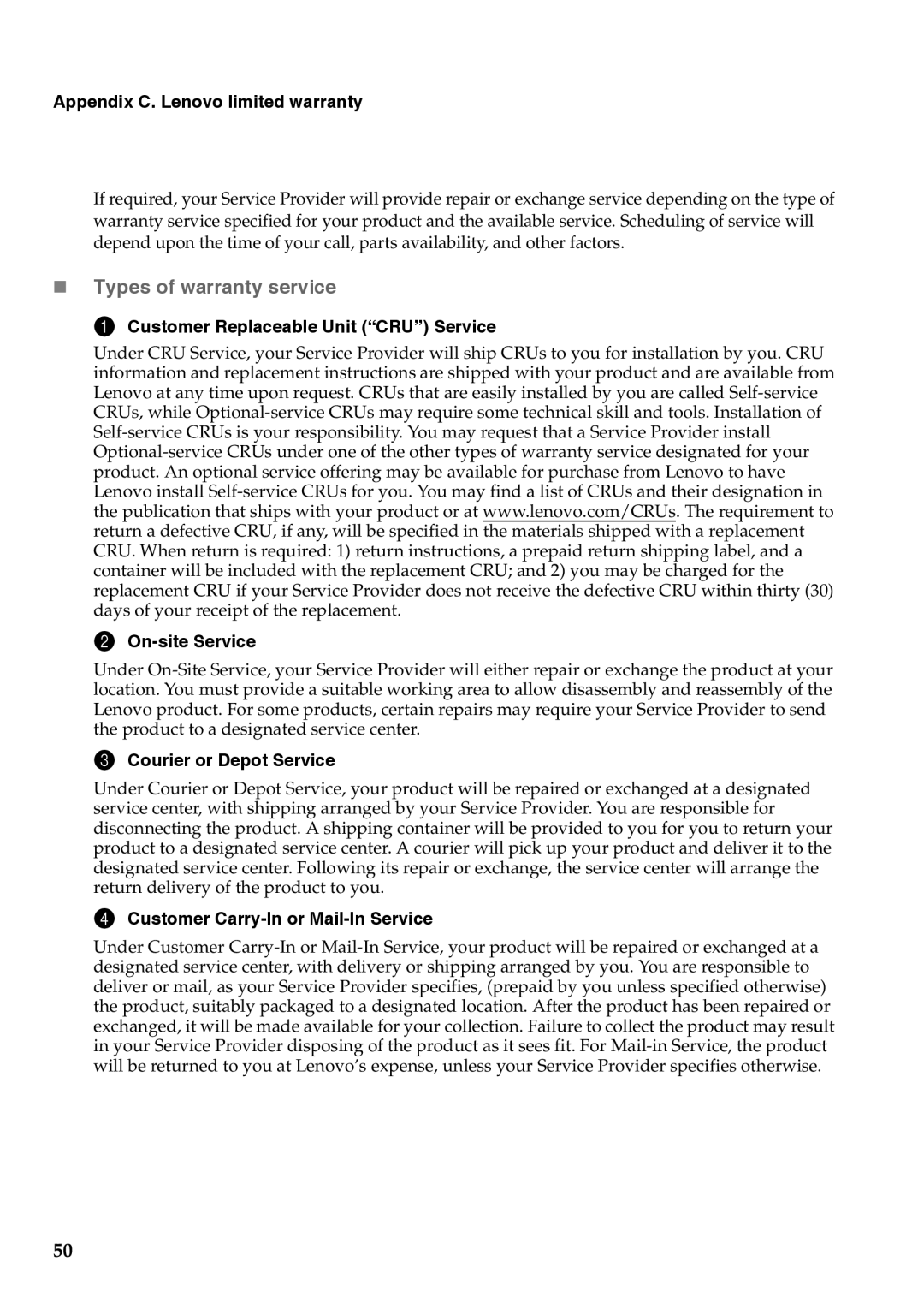 Lenovo G555 „ Types of warranty service, Customer Replaceable Unit CRU Service On-site Service, Courier or Depot Service 