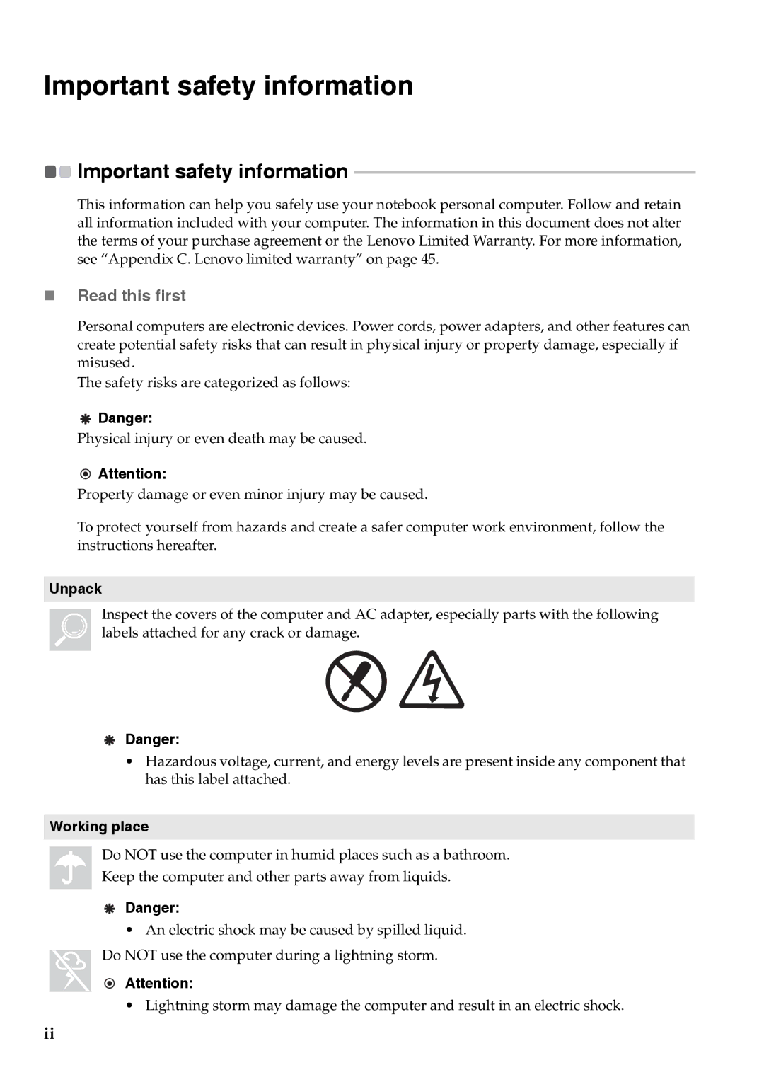 Lenovo G555, G455 manual Important safety information, „ Read this first, Unpack, Working place 