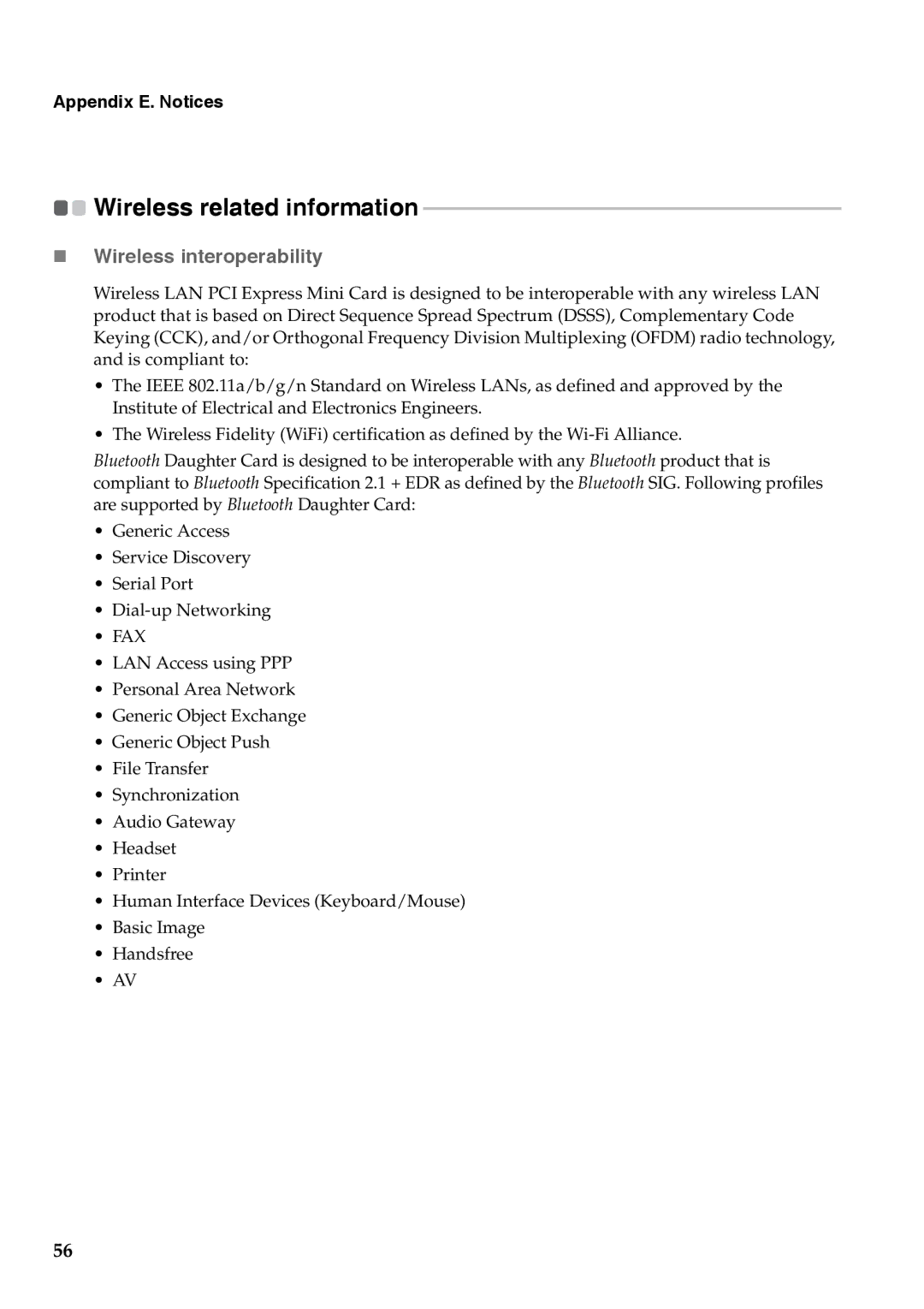 Lenovo G555, G455 manual Wireless related information, „ Wireless interoperability 