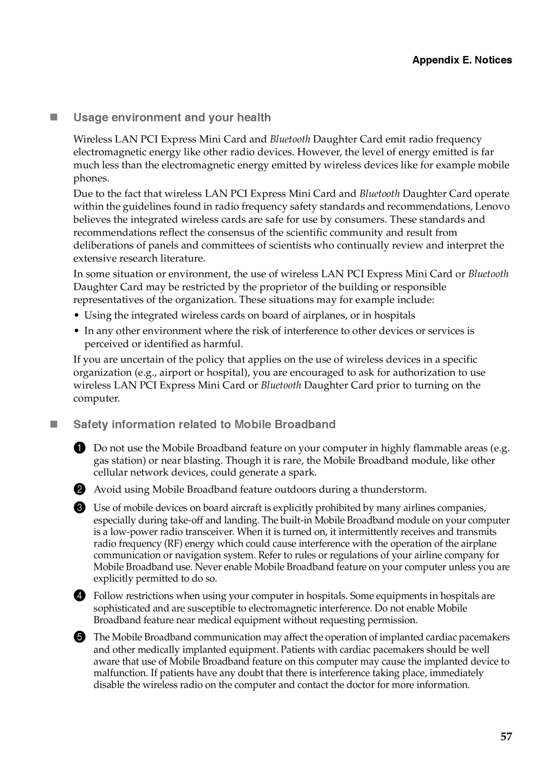 Lenovo G455, G555 manual „ Usage environment and your health, „ Safety information related to Mobile Broadband 