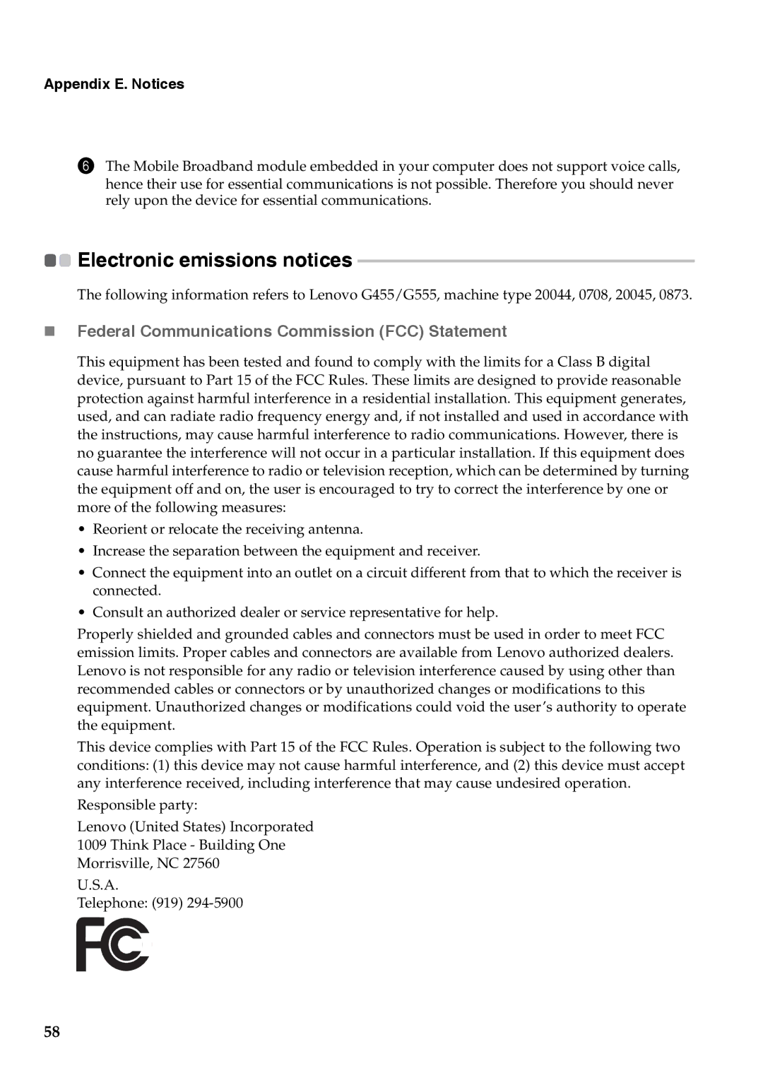 Lenovo G555, G455 manual Electronic emissions notices, „ Federal Communications Commission FCC Statement 