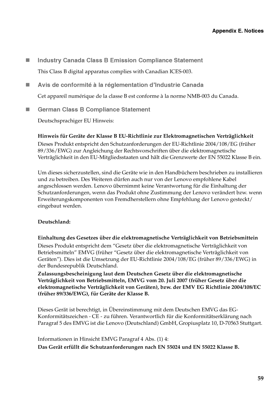 Lenovo G455, G555 manual „ Industry Canada Class B Emission Compliance Statement, „ German Class B Compliance Statement 