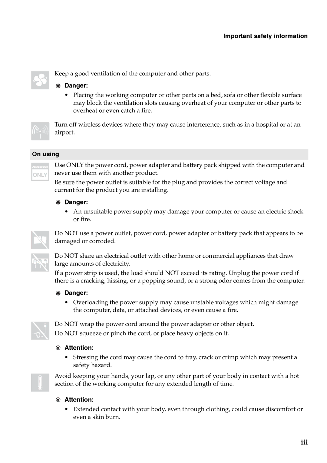 Lenovo G455, G555 manual Important safety information, On using 