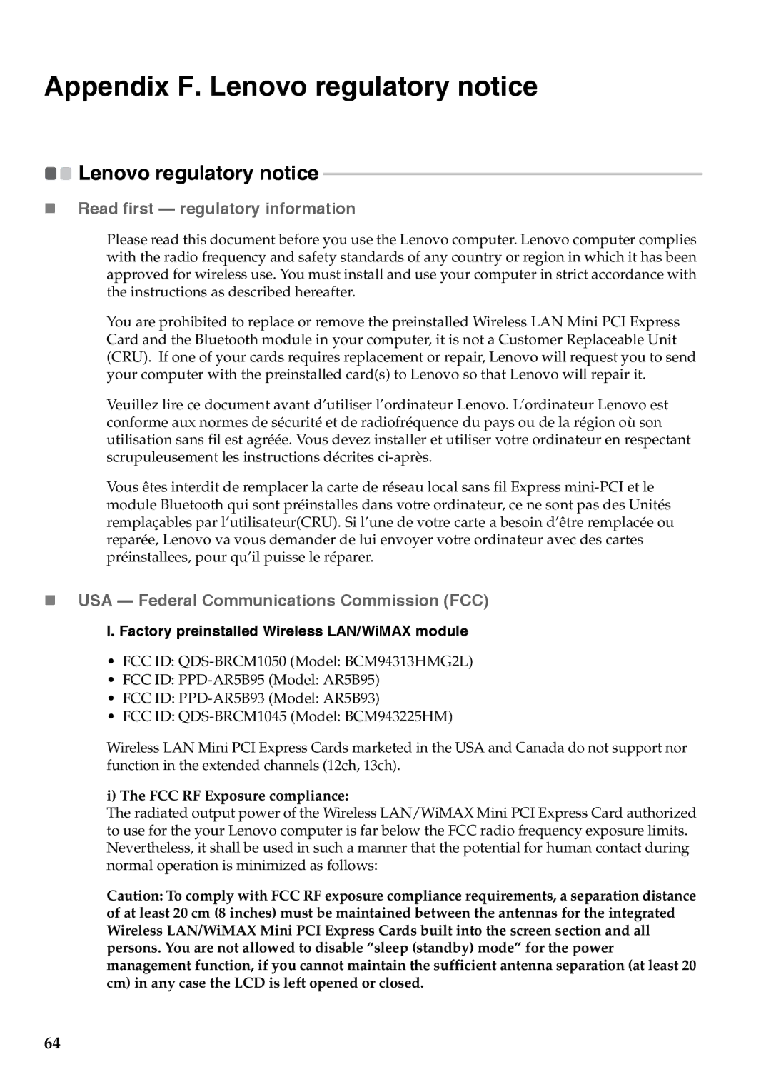 Lenovo G555, G455 manual Appendix F. Lenovo regulatory notice, „ Read first regulatory information 