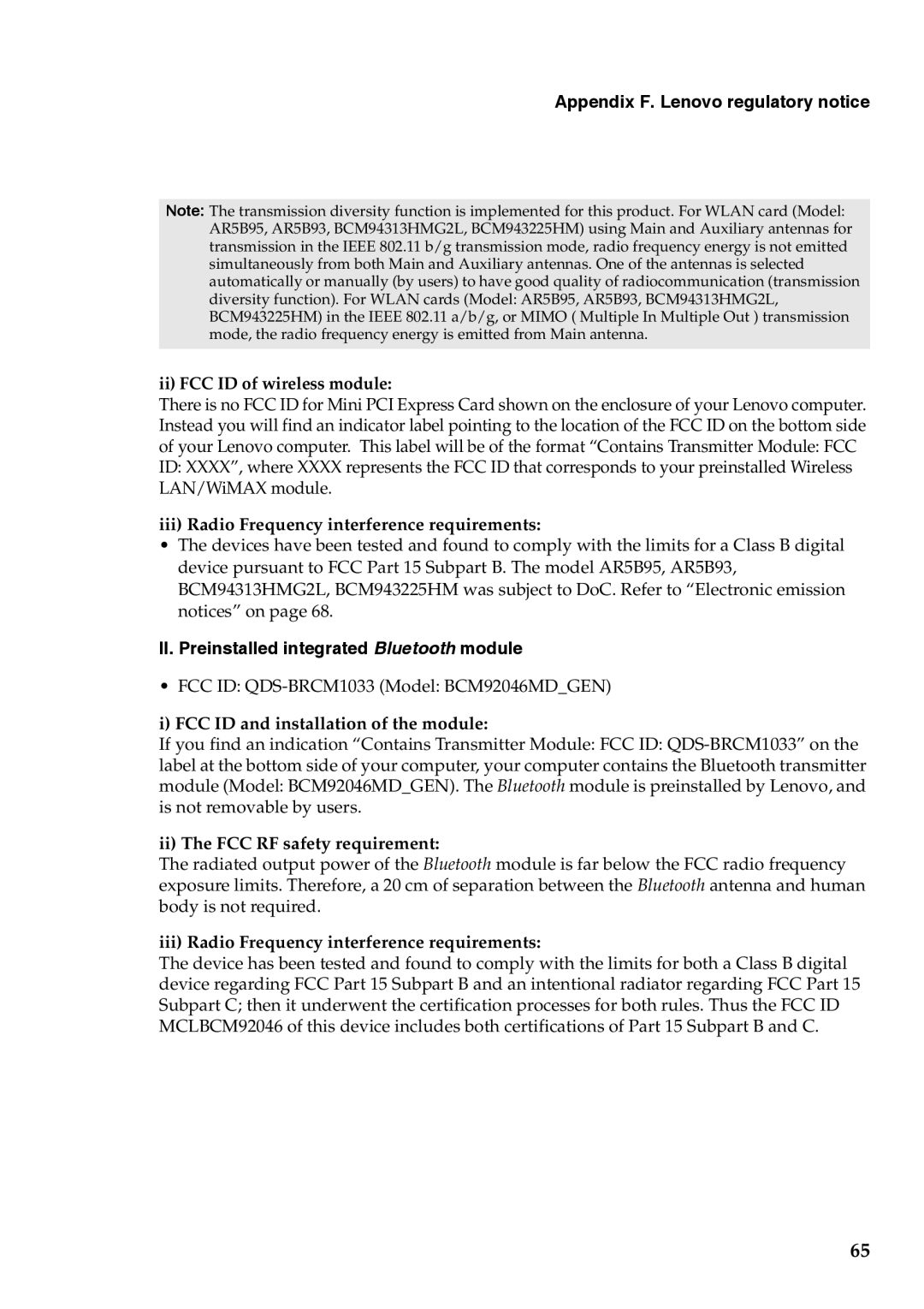 Lenovo G455, G555 manual Appendix F. Lenovo regulatory notice, II. Preinstalled integrated Bluetooth module 