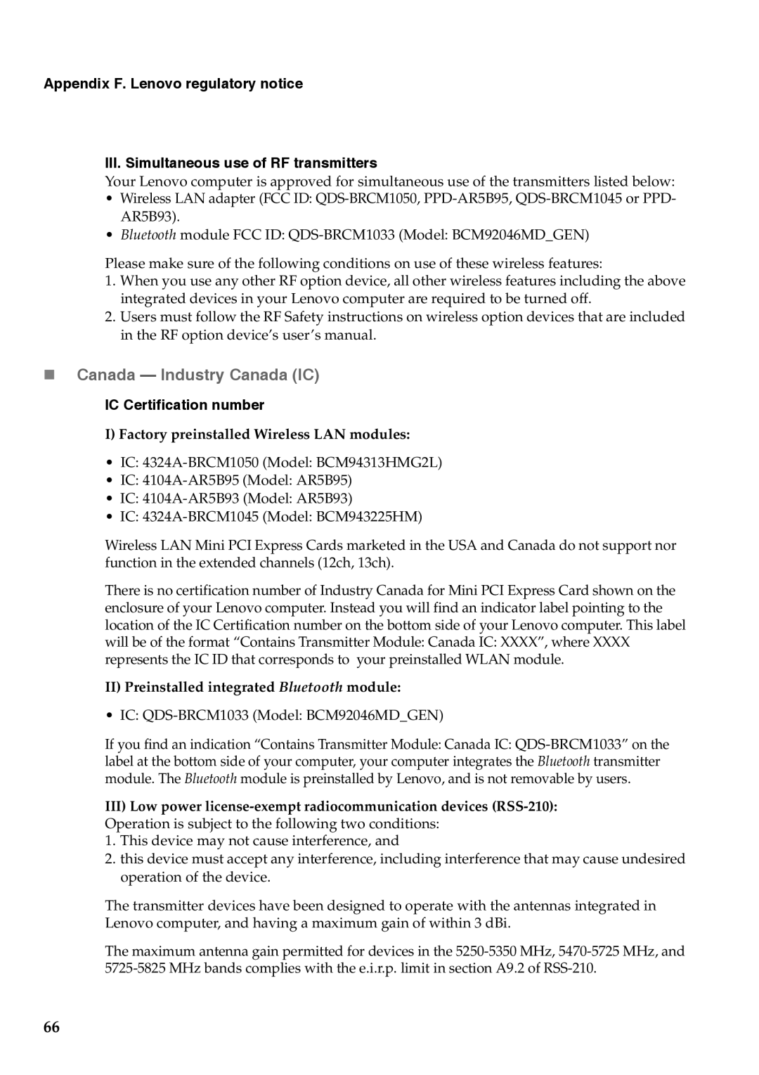 Lenovo G555, G455 manual „ Canada Industry Canada IC, IC Certification number, Factory preinstalled Wireless LAN modules 