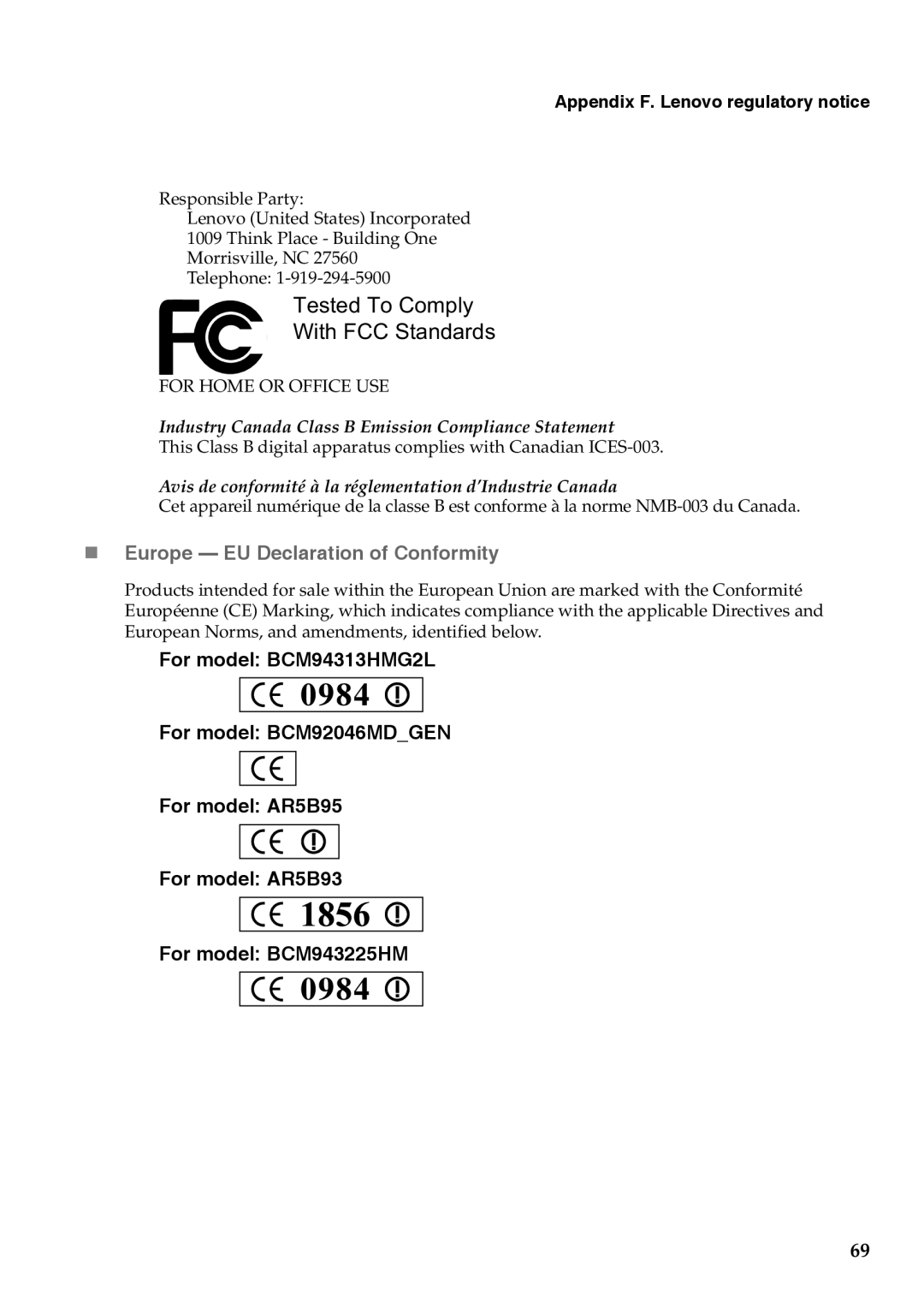 Lenovo G455, G555 manual Tested To Comply With FCC Standards, „ Europe EU Declaration of Conformity 