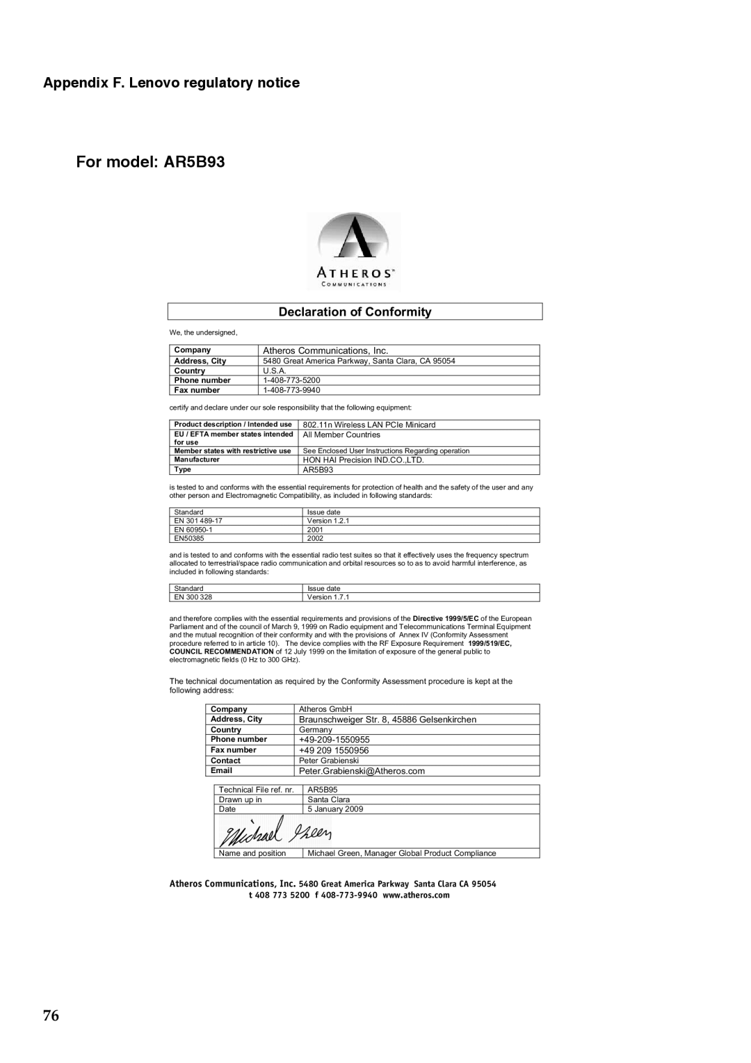 Lenovo G555, G455 manual Declaration of Conformity 