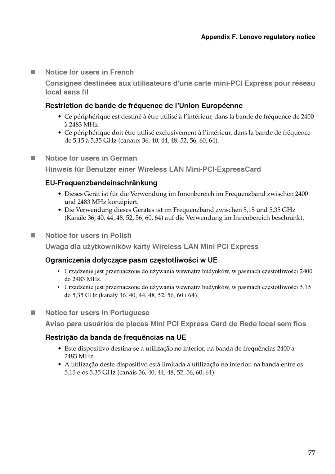 Lenovo G455, G555 manual Restriction de bande de fréquence de l’Union Européenne 