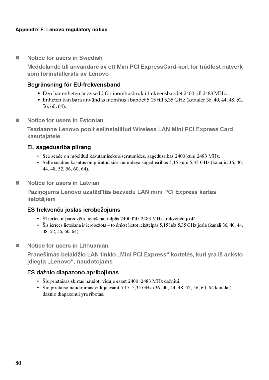 Lenovo G555, G455 manual Begränsning för EU-frekvensband 