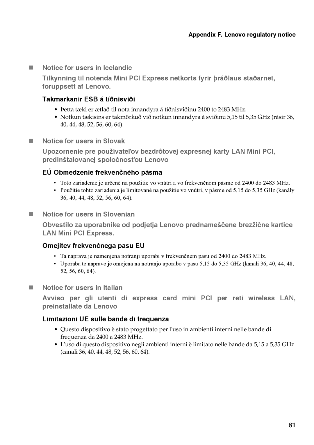 Lenovo G455, G555 manual Takmarkanir ESB á tíðnisviði 