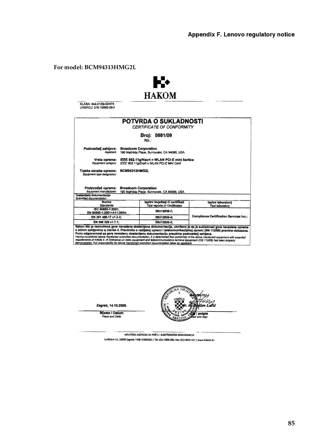 Lenovo G455, G555 manual For model BCM94313HMG2L 