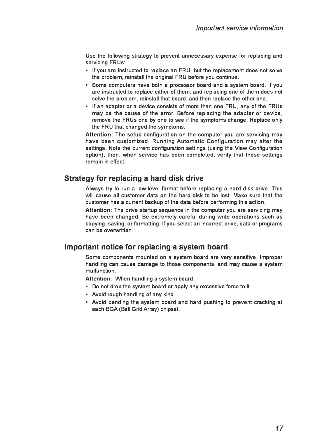 Lenovo G560 manual Strategy for replacing a hard disk drive, Important notice for replacing a system board 