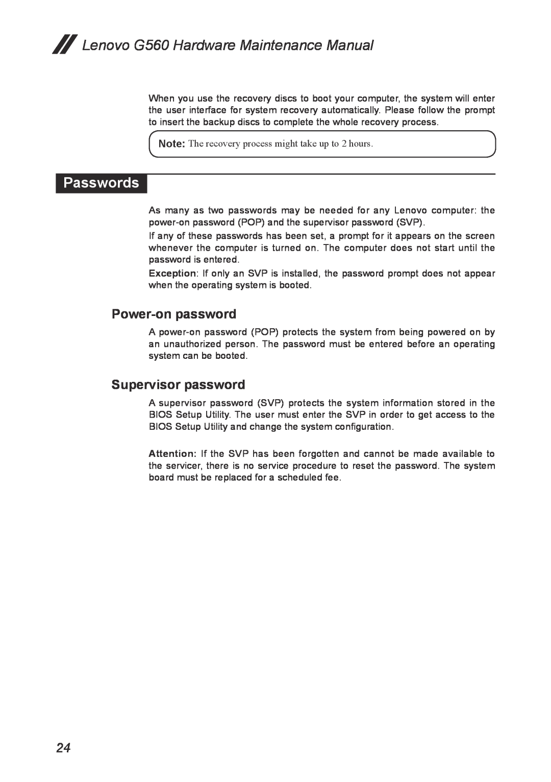 Lenovo manual Passwords, Power-on password, Supervisor password, Lenovo G560 Hardware Maintenance Manual 
