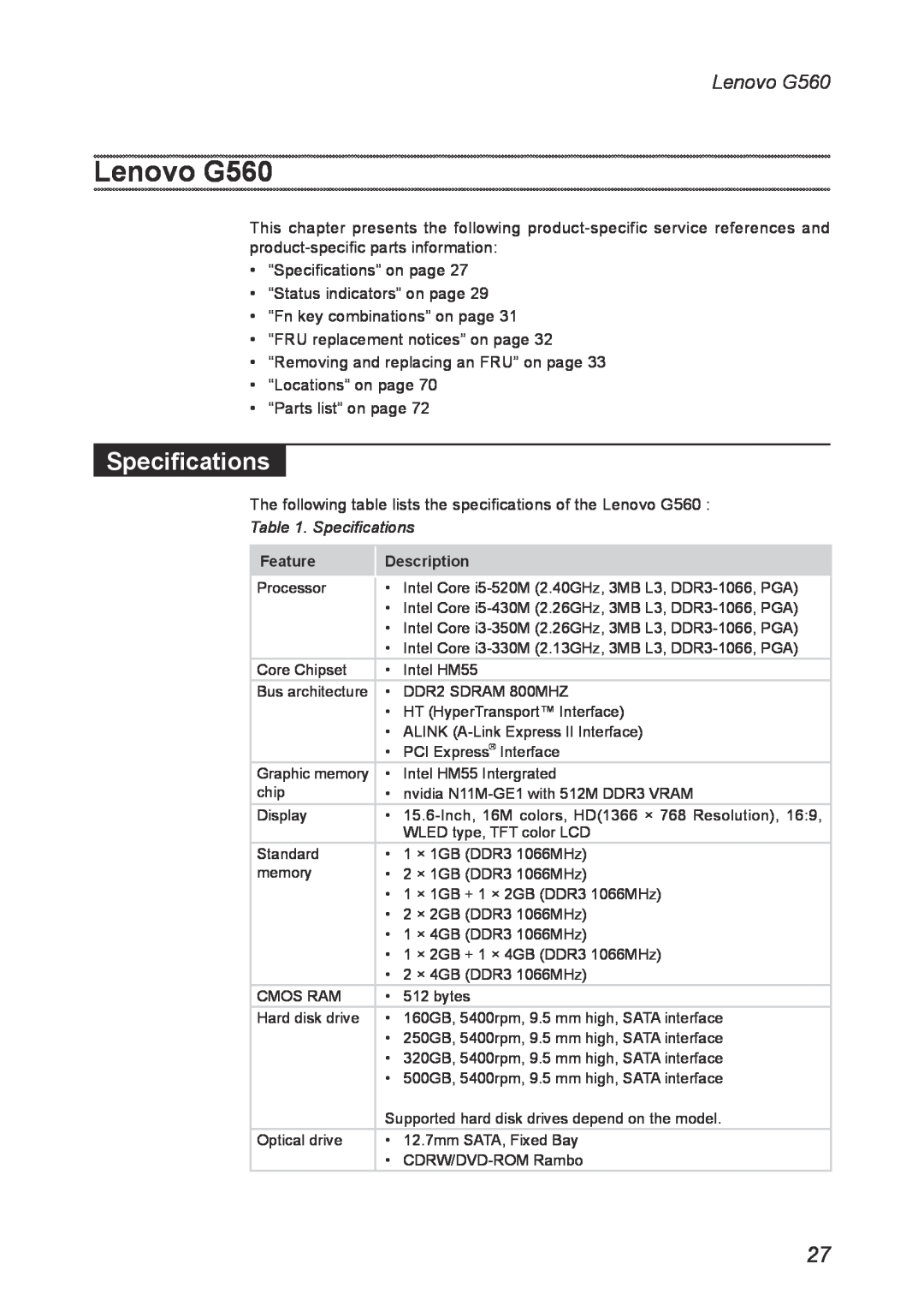Lenovo manual Lenovo G560, Specifications 
