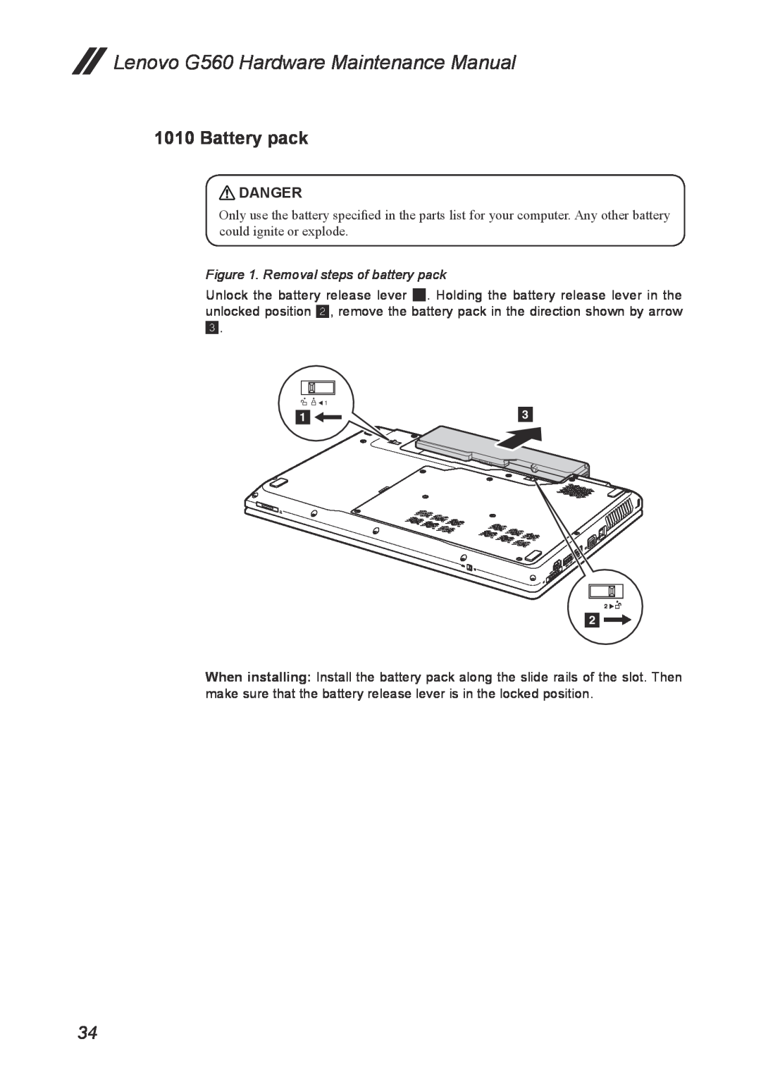 Lenovo manual Battery pack, Lenovo G560 Hardware Maintenance Manual, Danger, Removal steps of battery pack 
