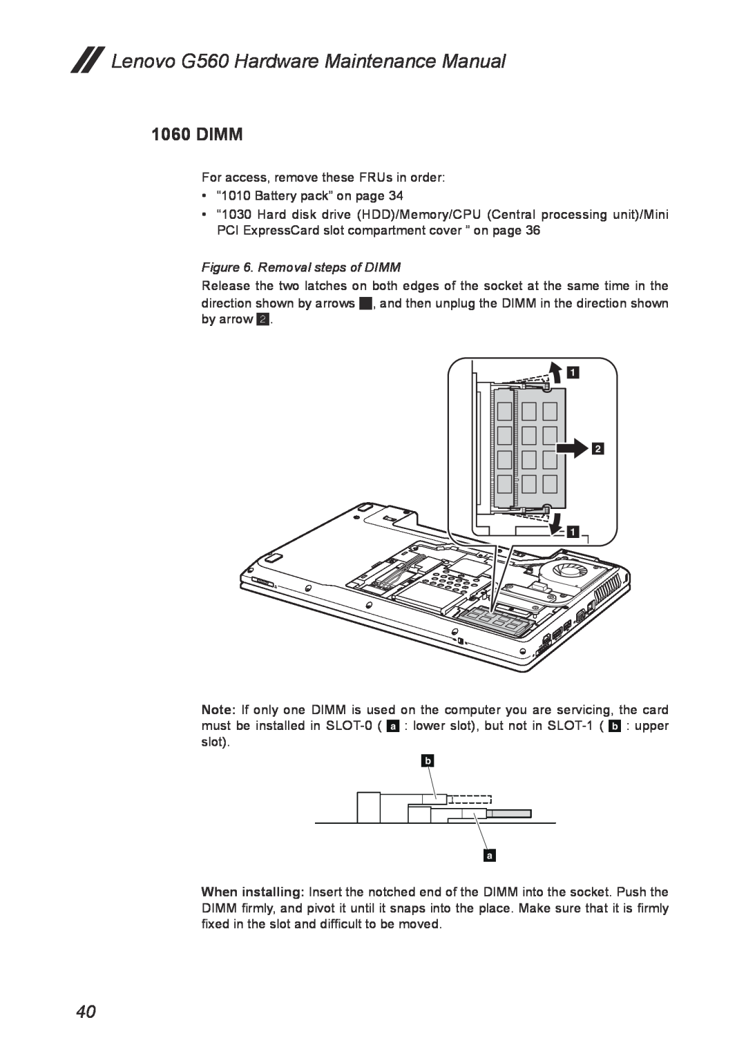 Lenovo manual Dimm, Lenovo G560 Hardware Maintenance Manual, Removal steps of DIMM 