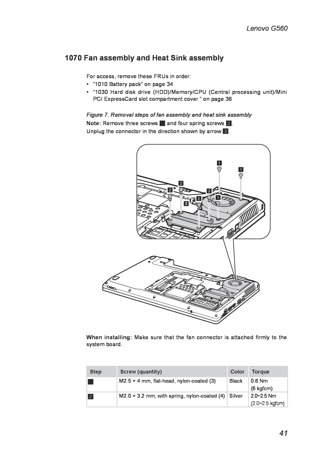 Lenovo manual Fan assembly and Heat Sink assembly, Lenovo G560, Removal steps of fan assembly and heat sink assembly 