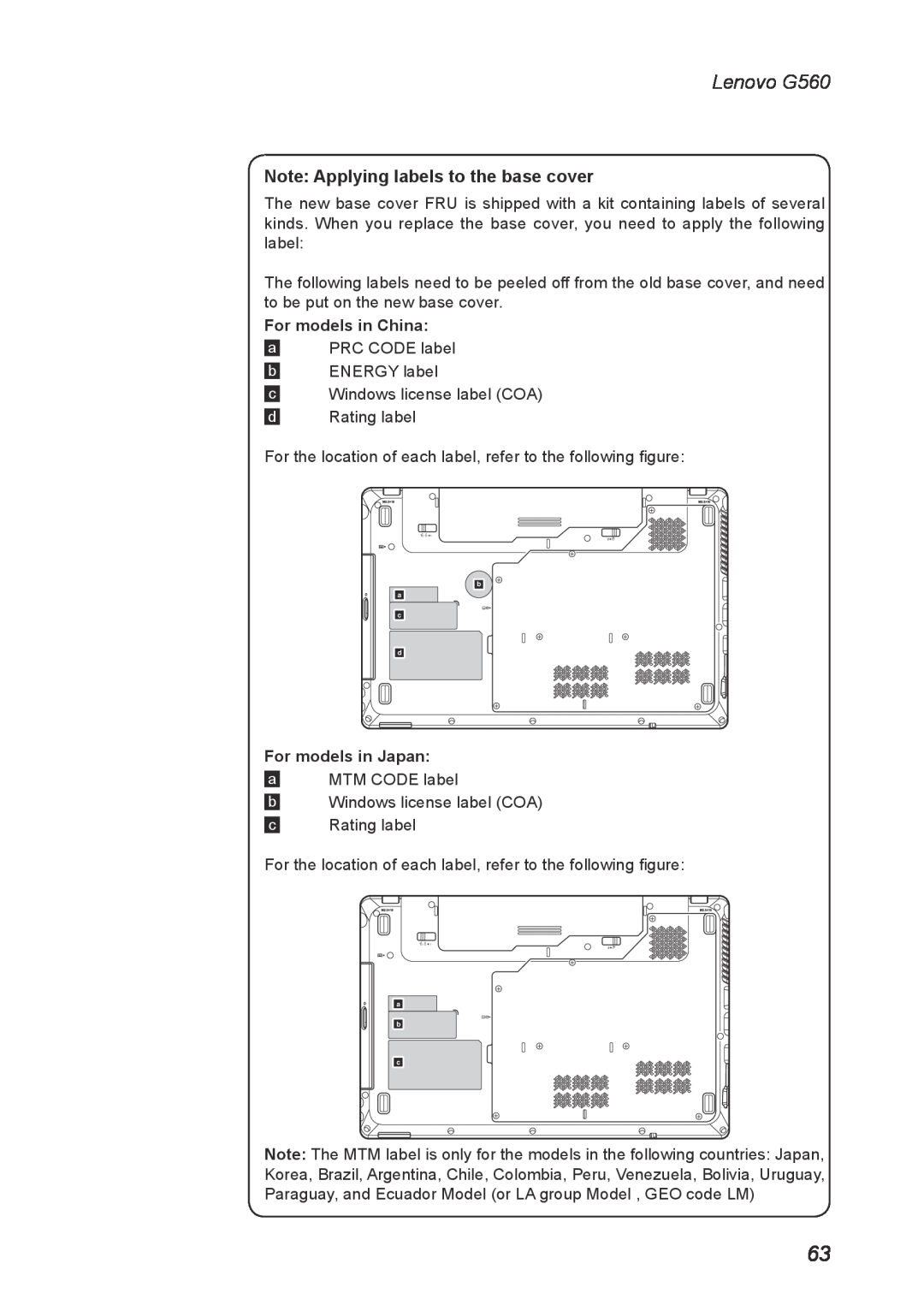 Lenovo manual Note Applying labels to the base cover, For models in China, For models in Japan, Lenovo G560 