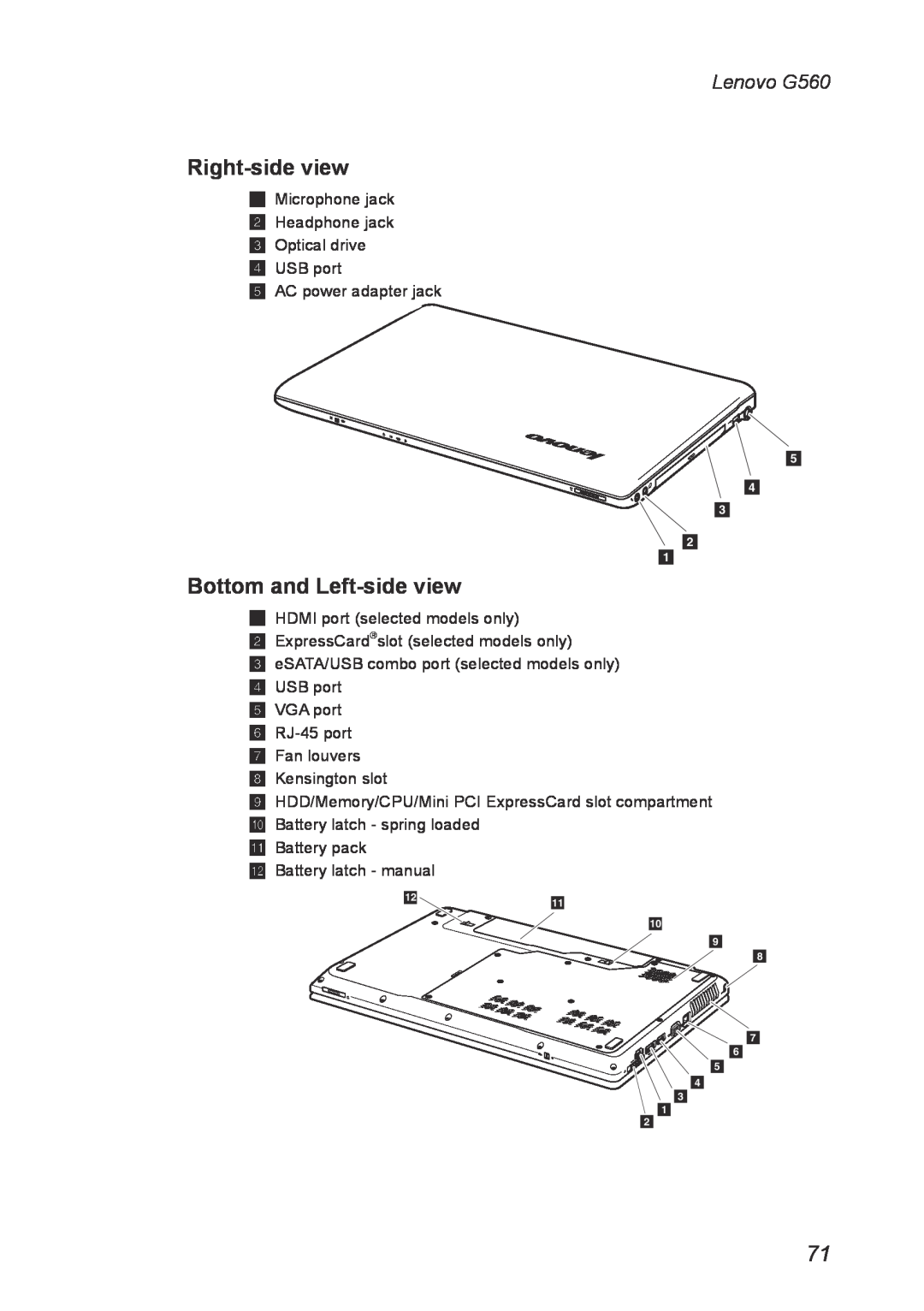 Lenovo manual Right-side view, Bottom and Left-side view, Lenovo G560 
