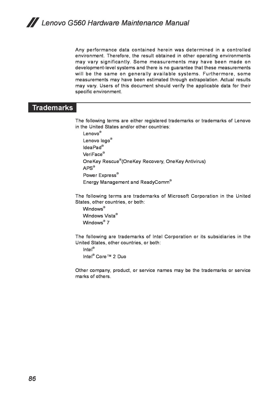 Lenovo manual Trademarks, Lenovo G560 Hardware Maintenance Manual 