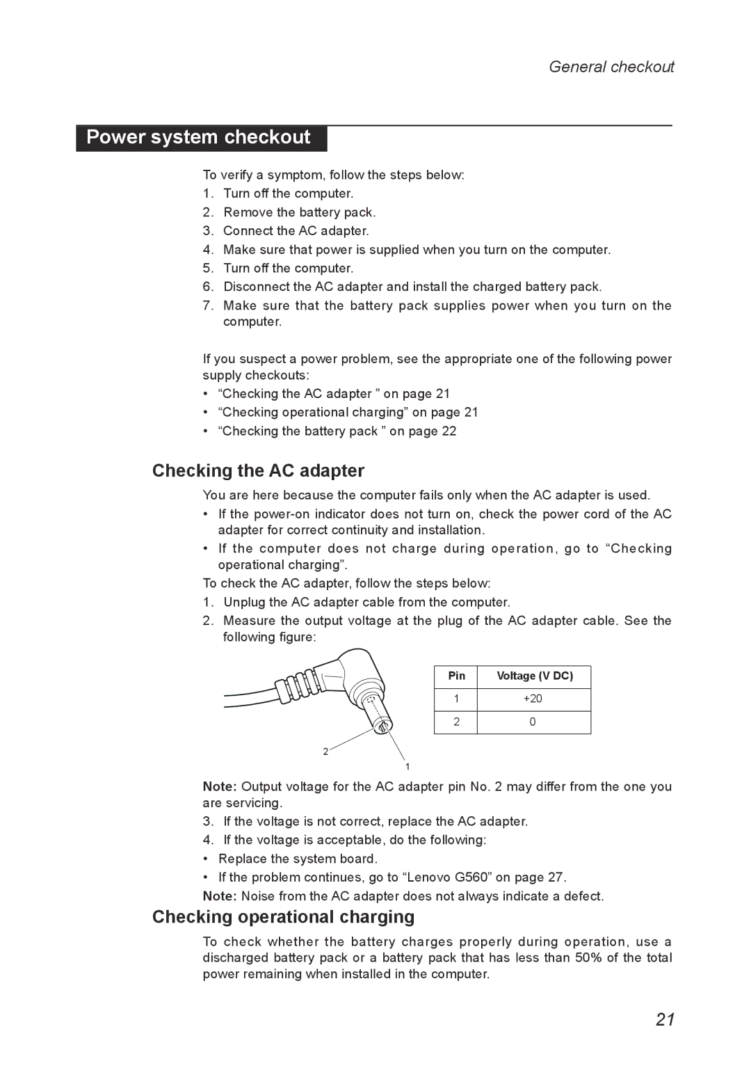 Lenovo G560 manual Power system checkout, Checking the AC adapter, Checking operational charging 