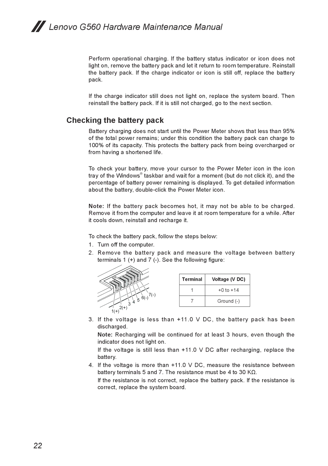 Lenovo G560 manual Checking the battery pack 