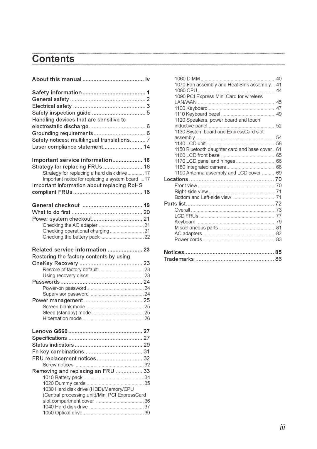 Lenovo G560 manual Contents 