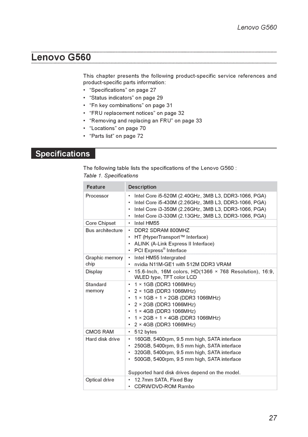 Lenovo G560 manual Specifications 