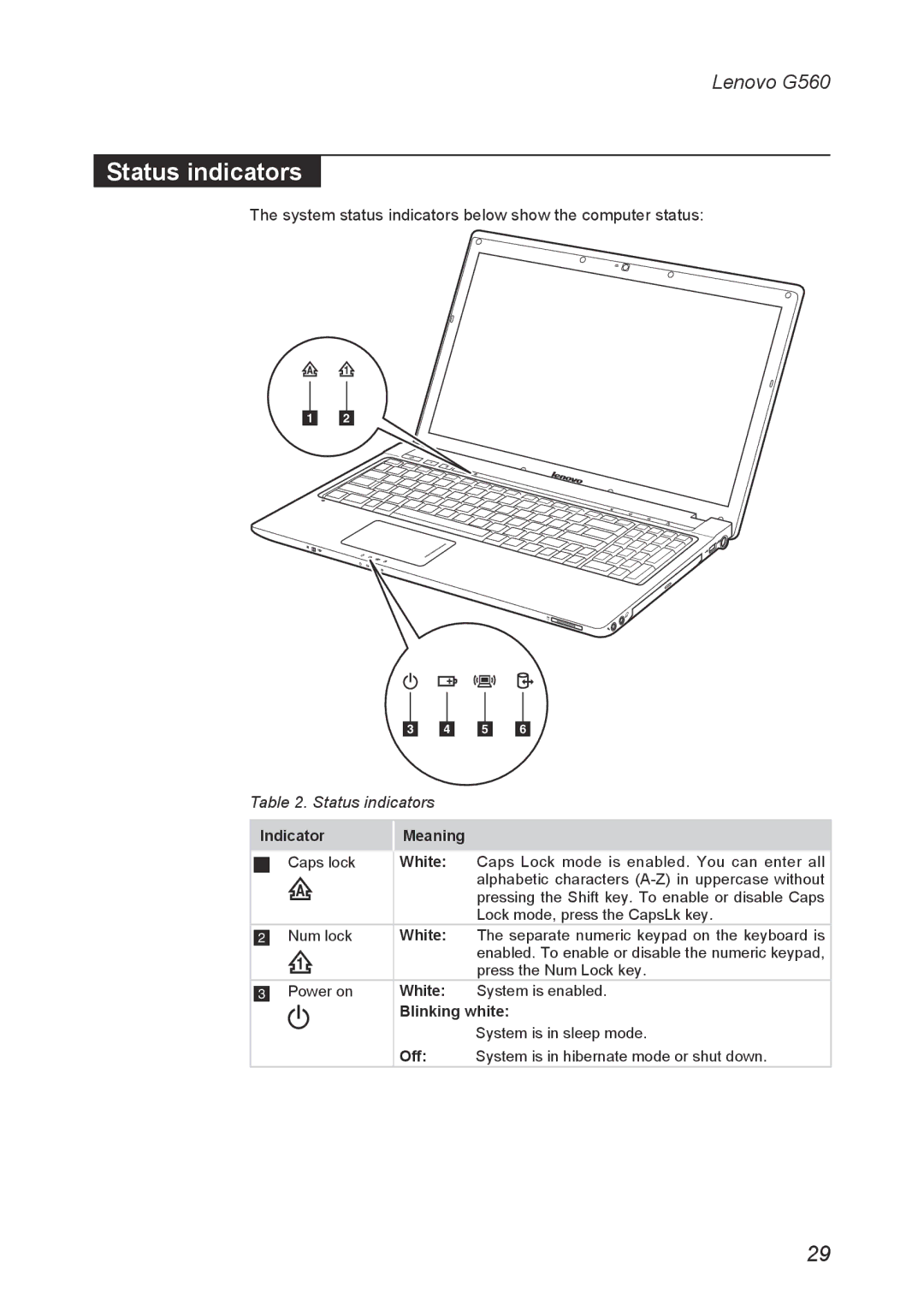 Lenovo G560 manual Status indicators 