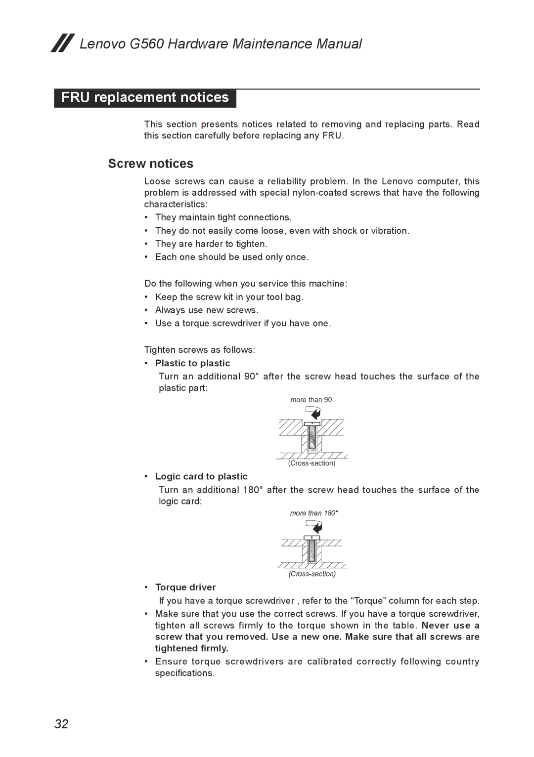 Lenovo G560 manual FRU replacement notices, Screw notices 