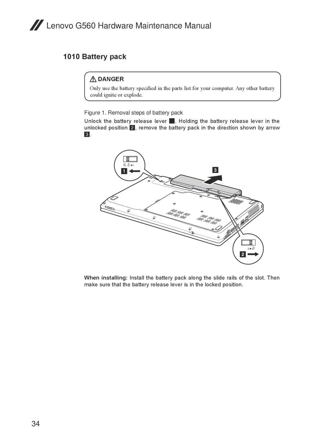 Lenovo G560 manual Battery pack, Removal steps of battery pack 