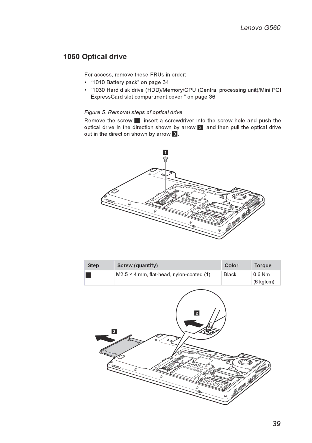 Lenovo G560 manual Optical drive, Removal steps of optical drive 