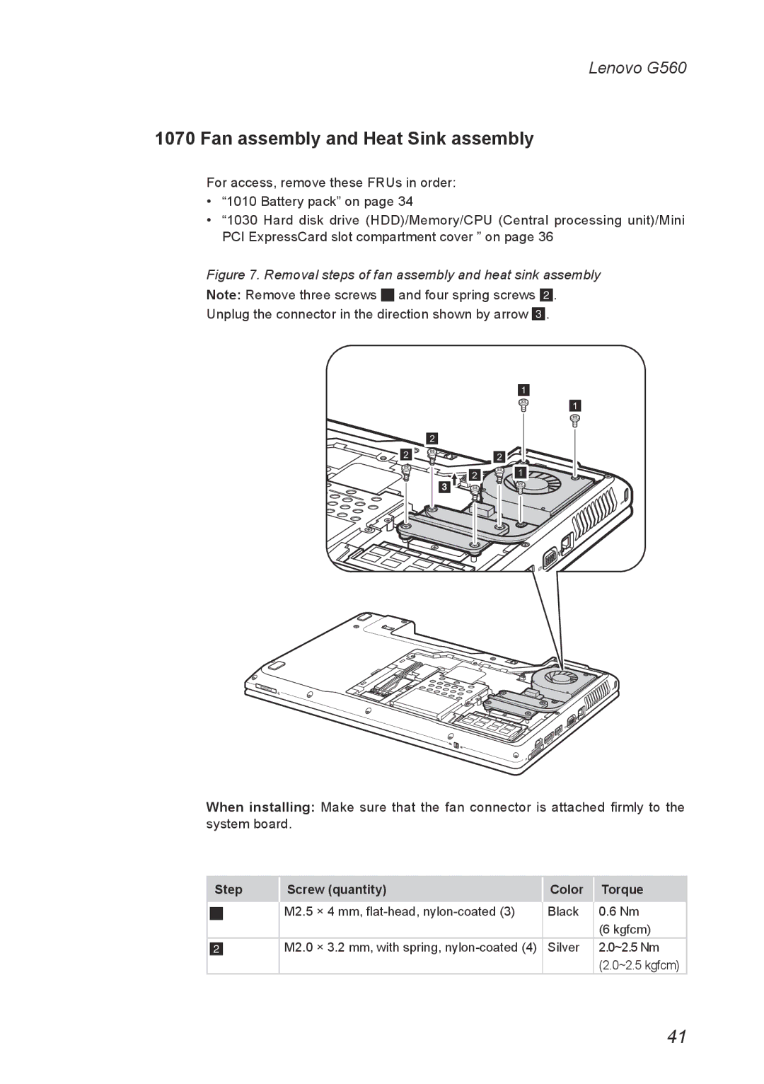 Lenovo G560 manual Fan assembly and Heat Sink assembly, Removal steps of fan assembly and heat sink assembly 