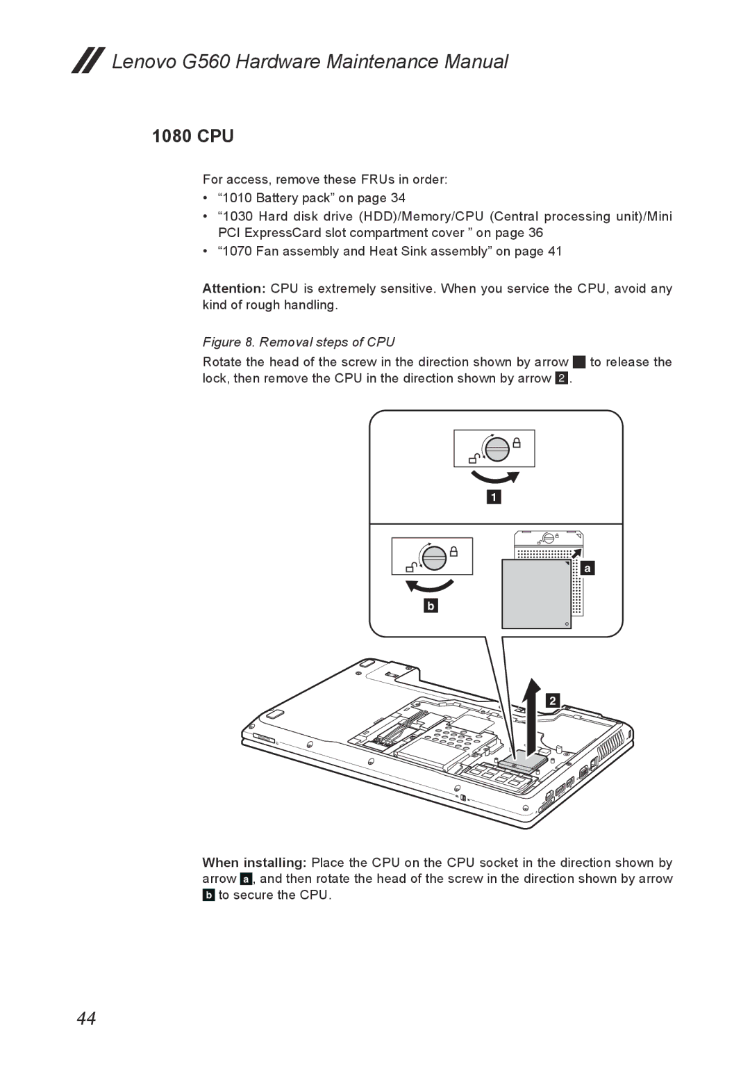 Lenovo G560 manual 1080 CPU, Removal steps of CPU 