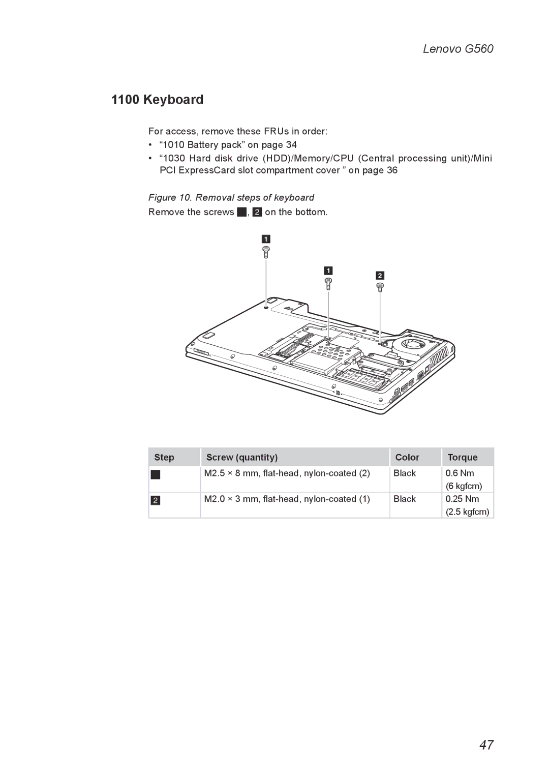 Lenovo G560 manual Keyboard, Removal steps of keyboard 