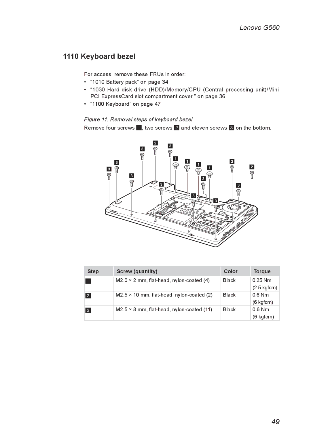 Lenovo G560 manual Keyboard bezel, Removal steps of keyboard bezel 