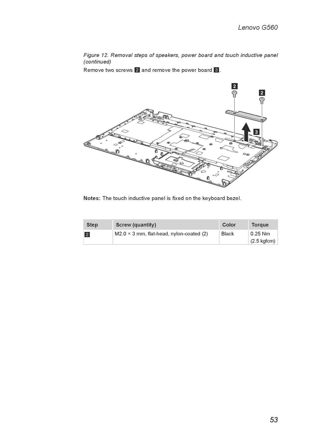 Lenovo G560 manual Remove two screws 2 and remove the power board 