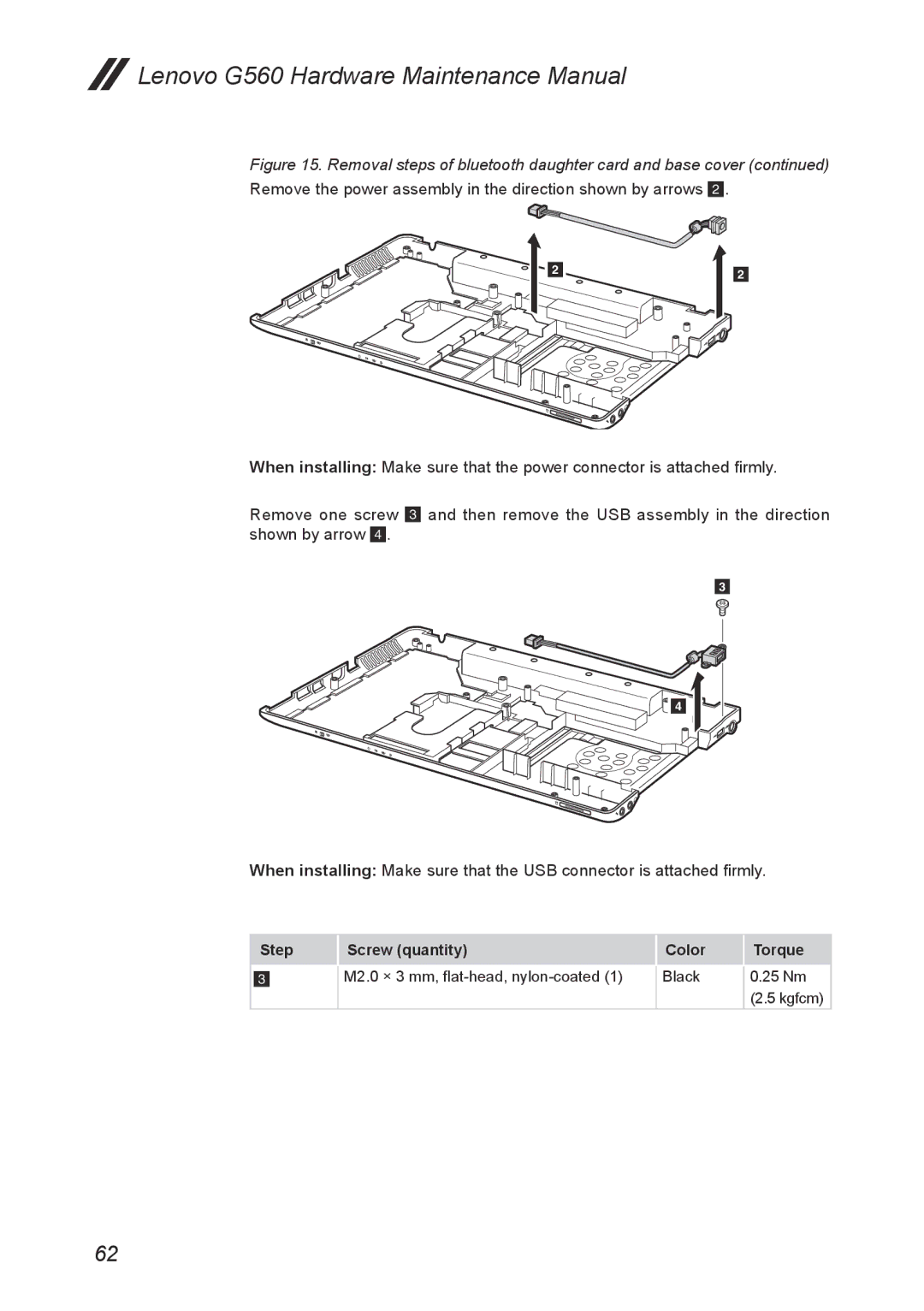 Lenovo G560 manual M2.0 × 3 mm, flat-head, nylon-coated Black 25 Nm Kgfcm 