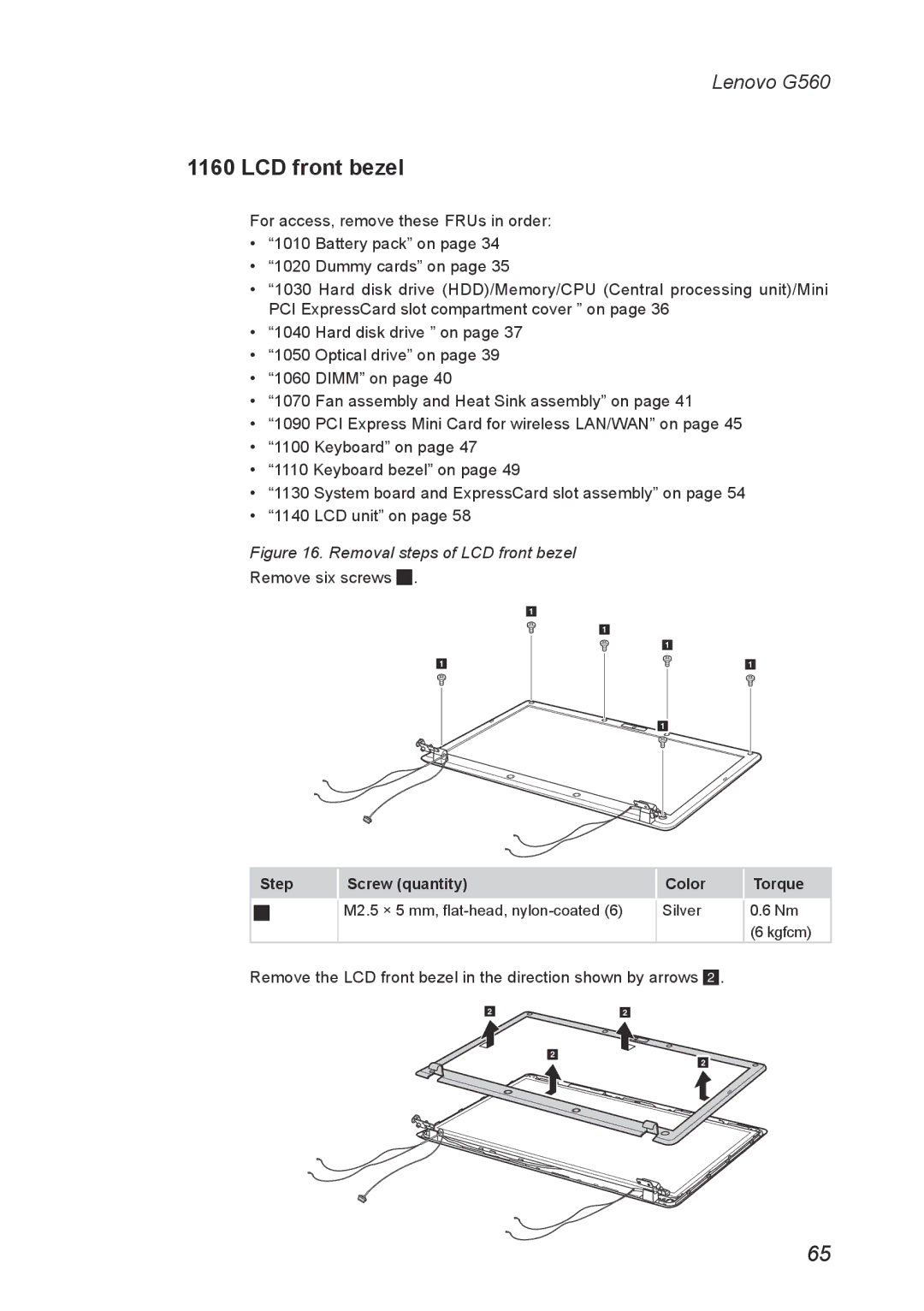 Lenovo G560 manual Removal steps of LCD front bezel 