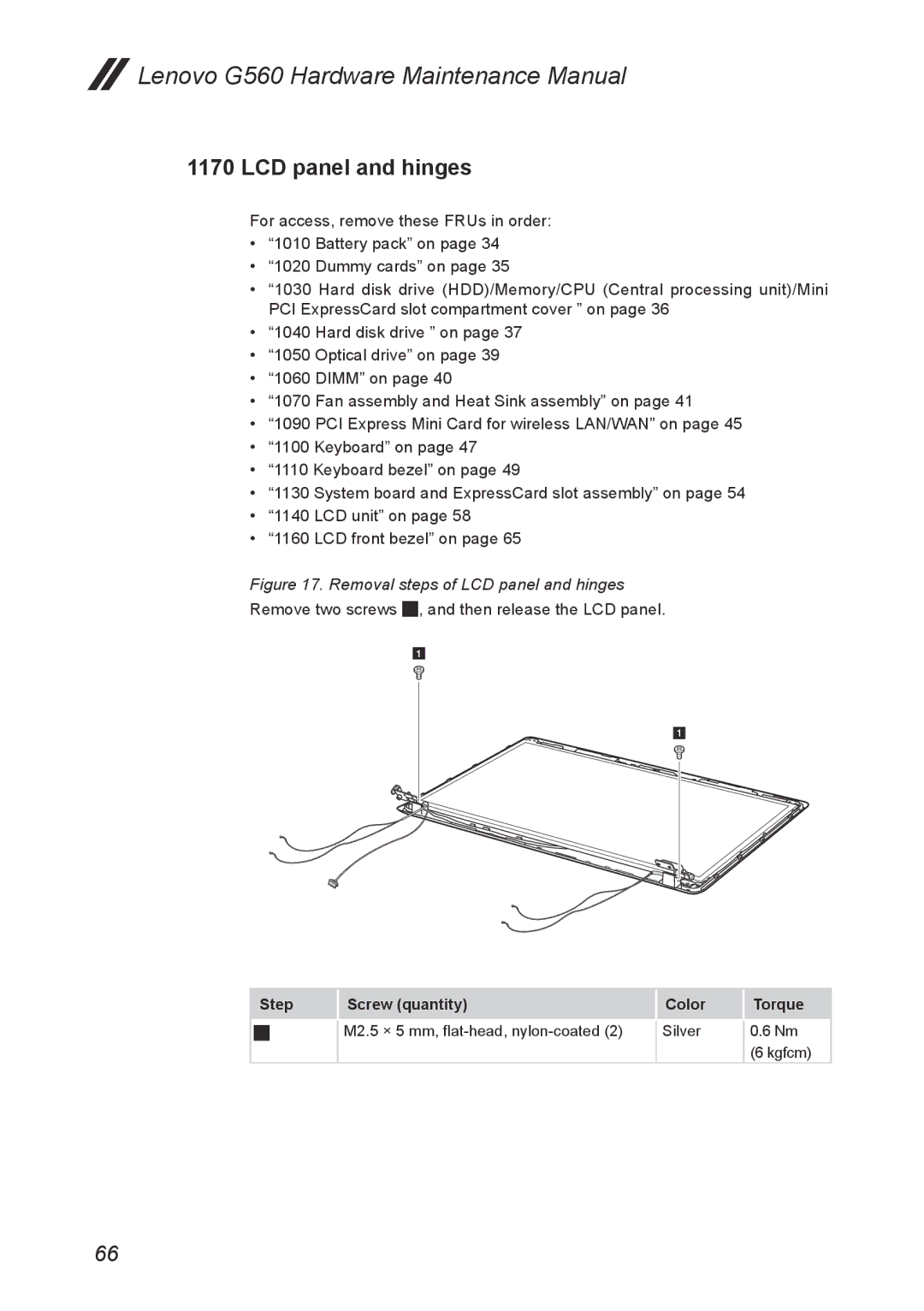 Lenovo G560 manual Removal steps of LCD panel and hinges 