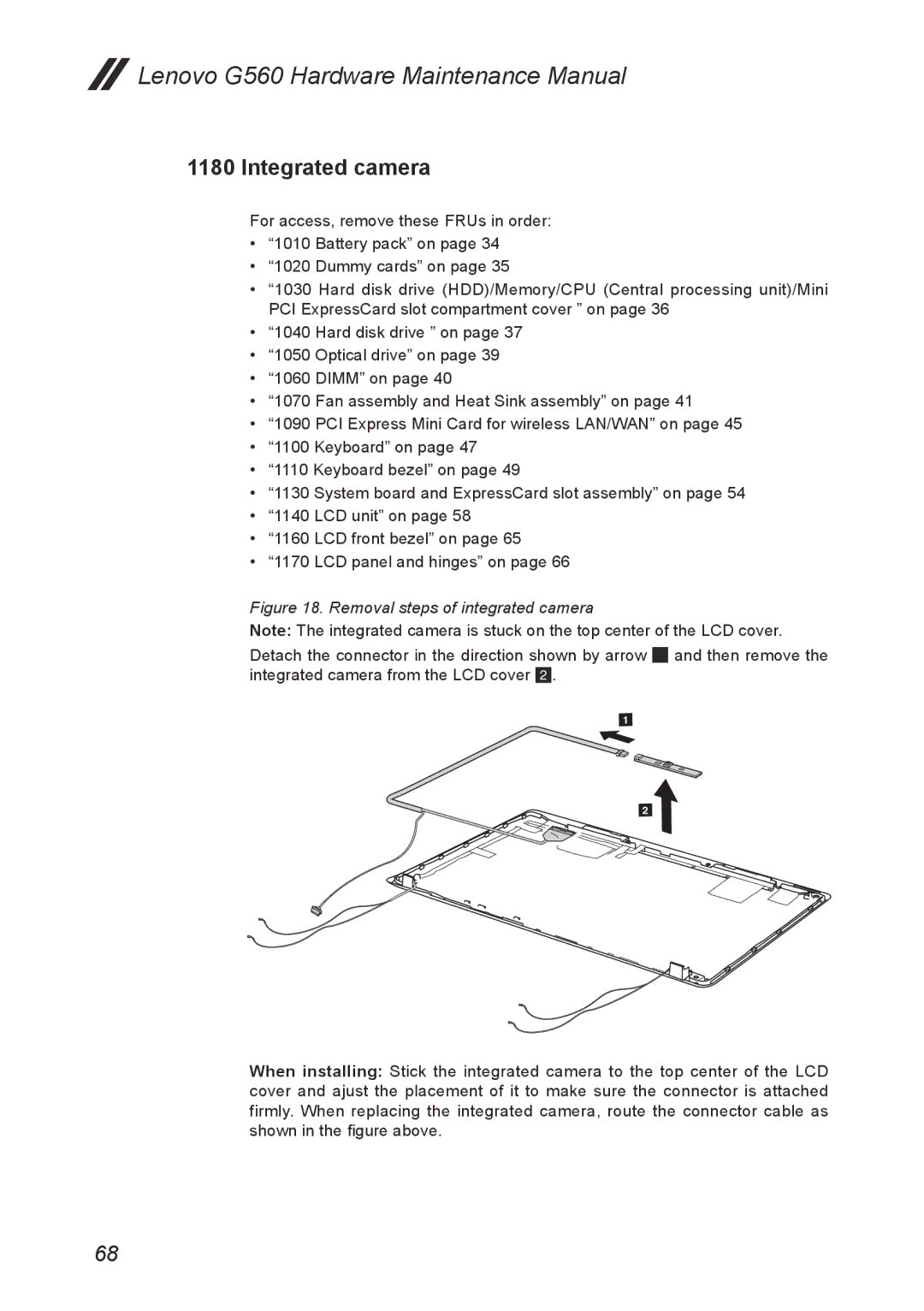 Lenovo G560 manual Integrated camera, Removal steps of integrated camera 