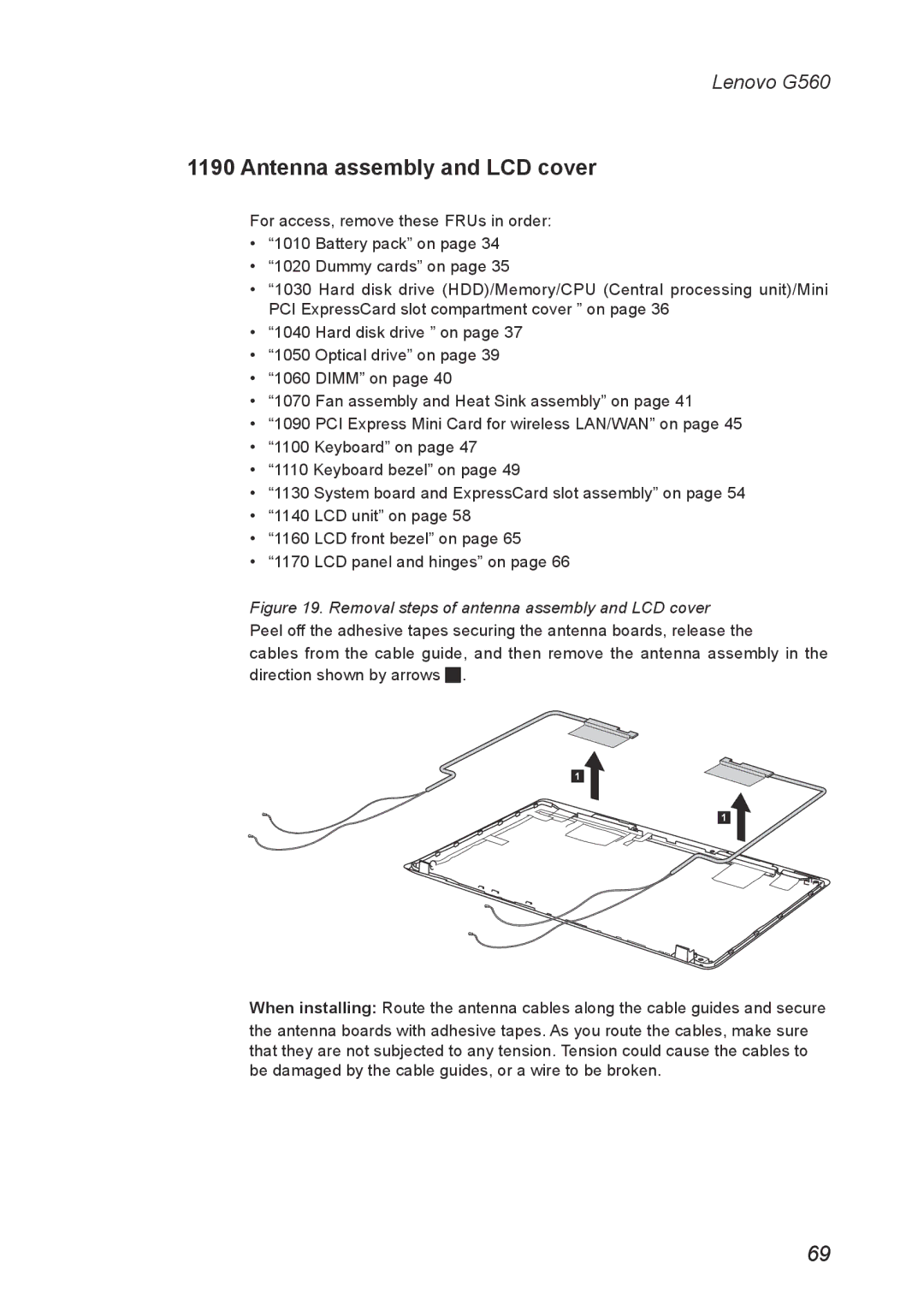 Lenovo G560 manual Antenna assembly and LCD cover, Removal steps of antenna assembly and LCD cover 