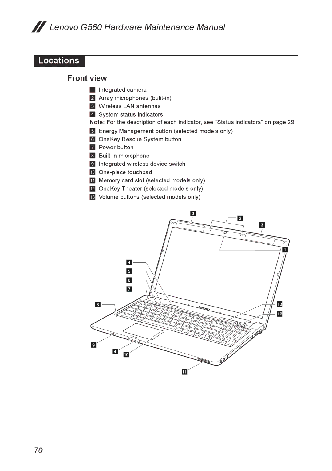 Lenovo G560 manual Locations, Front view 